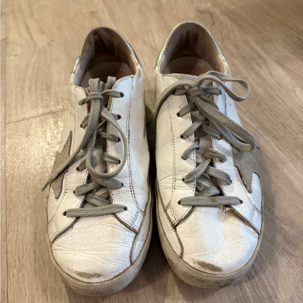 Golden Goose White Leather Sneakers with Gray Star and Silver Heel Tab - Picture 3 of 9